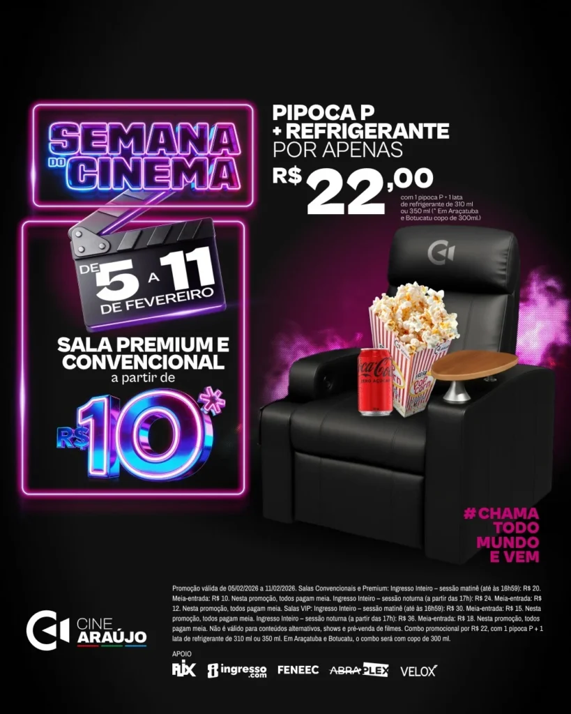Ingressos do Cine Araújo do Via Verde a partir de R$ 10 na Semana Nacional do Cinema Ingressos do Cine Araújo do Via Verde a partir de R$ 10 na Semana Nacional do Cinema
