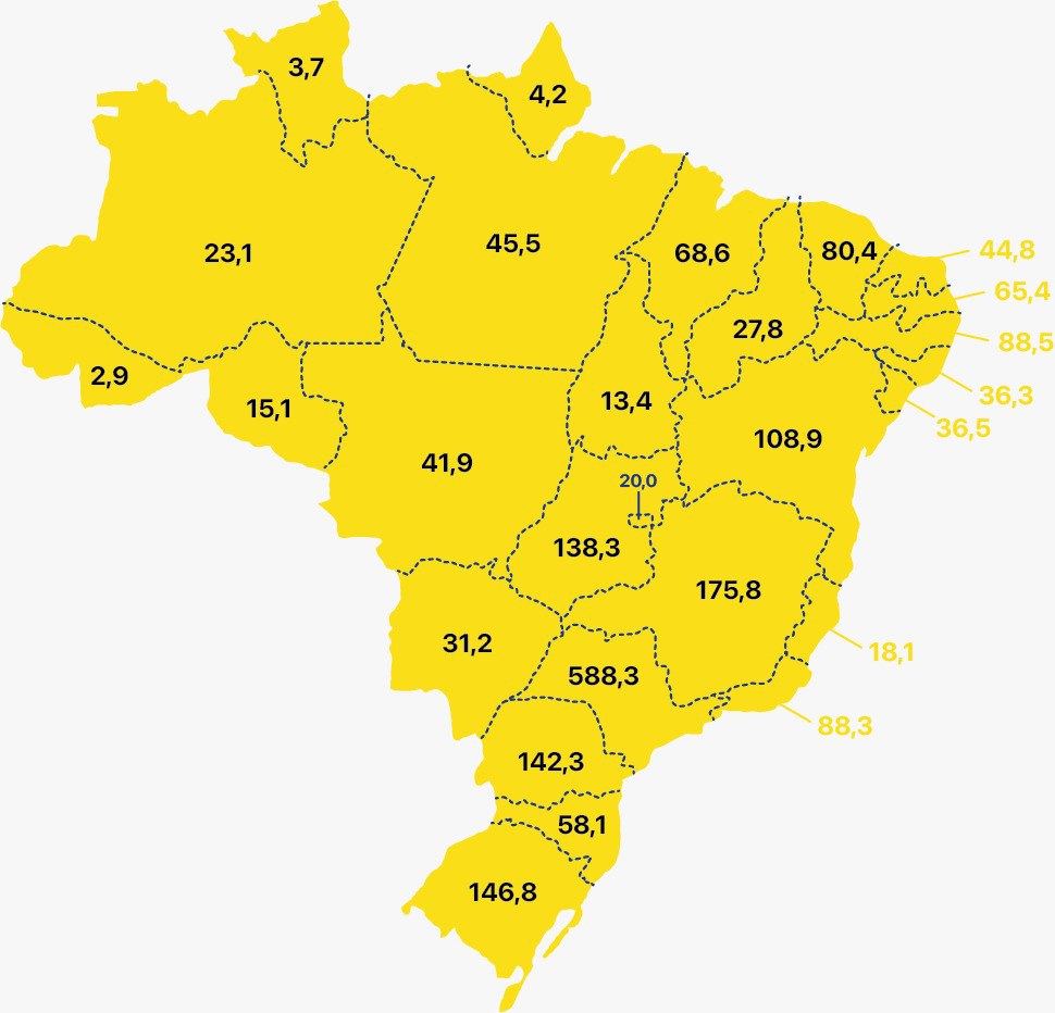 Mapa do Brasil com contratações do Minha Casa, Minha Vida por estado.