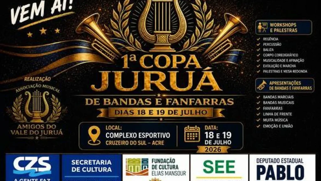 1ª Copa Juruá de Bandas e Fanfarras movimenta Cruzeiro do Sul com 14 grupos musicais