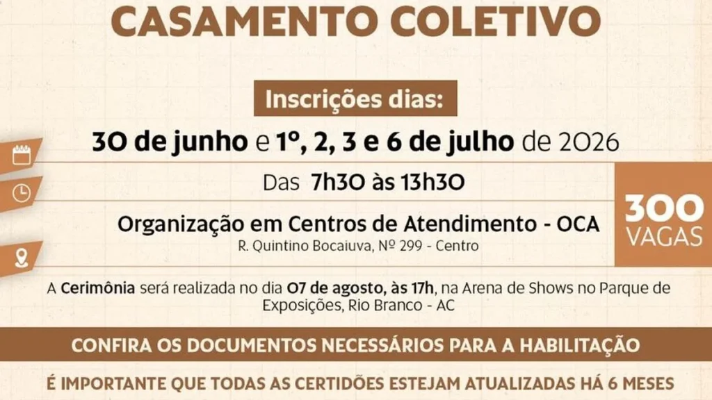 TJAC abre 300 vagas gratuitas para casamento coletivo em Rio Branco na Expoacre 2026